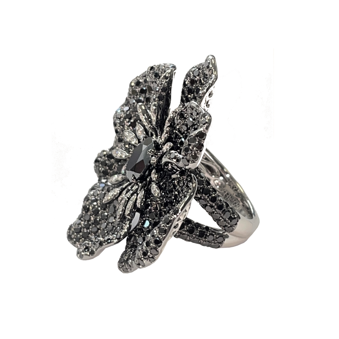 White Gold with Black & White Diamond & Hematite Ring from Flowers Collection