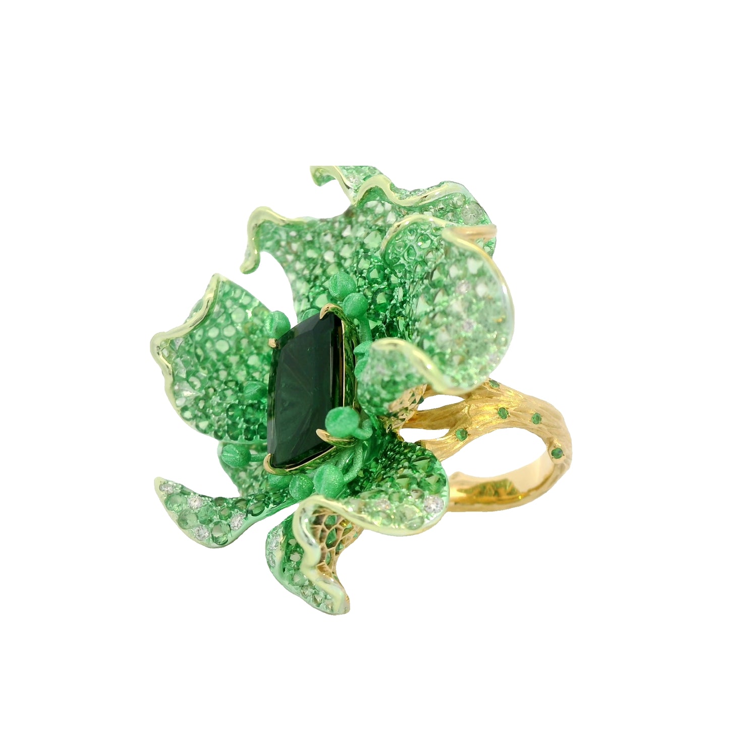 Yellow Gold with Green Garnet & Green Turmaline Ring from Flowers Collection