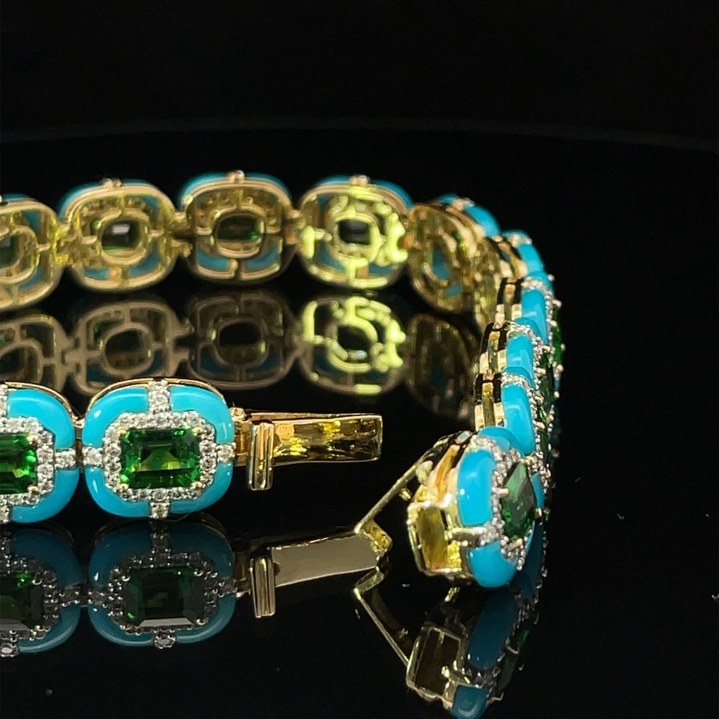 Yellow Gold with White Diamond, Tsavorite and Turquoise Bracelet