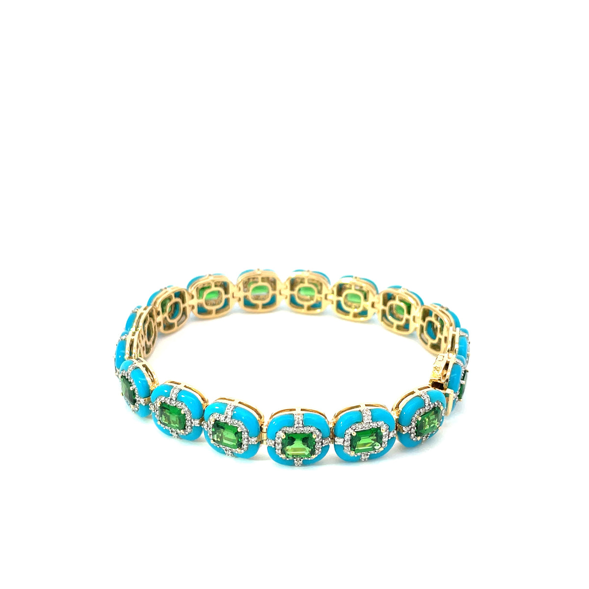 Yellow Gold with White Diamond, Tsavorite and Turquoise Bracelet