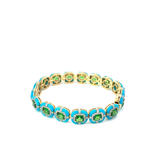 Yellow Gold with White Diamond, Tsavorite and Turquoise Bracelet
