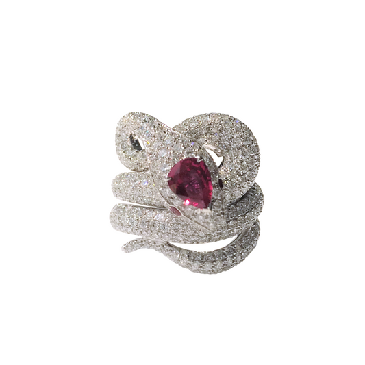 White Gold with White Diamond and Ruby Ring from Snake Collection