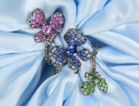 White Gold with White/Brown Diamond & Pink/Blue Sapphire & Green Garnet Ring