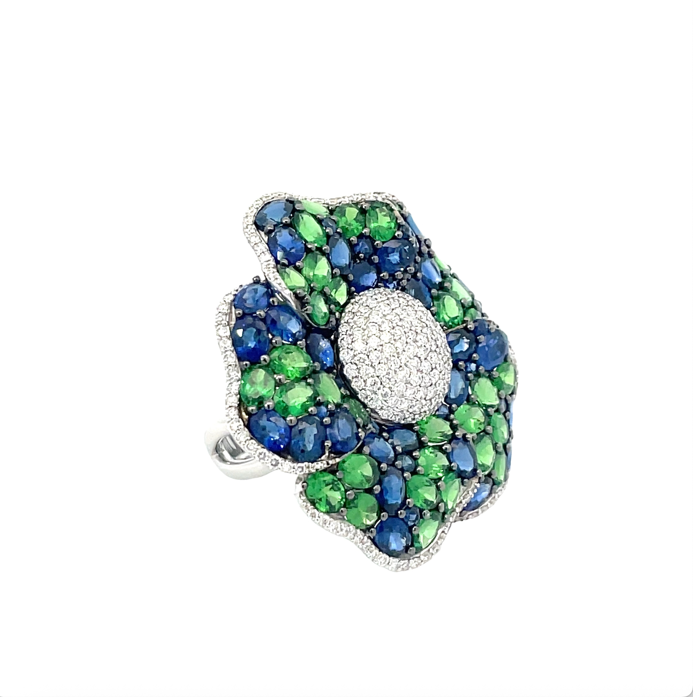 White Gold with White Diamond & Tsavorite & blue Sapphire Cocktail Ring from Flower Collection
