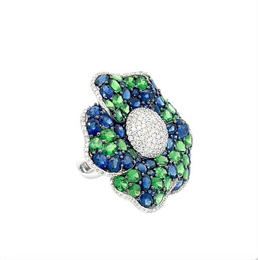 White Gold with White Diamond & Tsavorite & blue Sapphire Cocktail Ring from Flower Collection